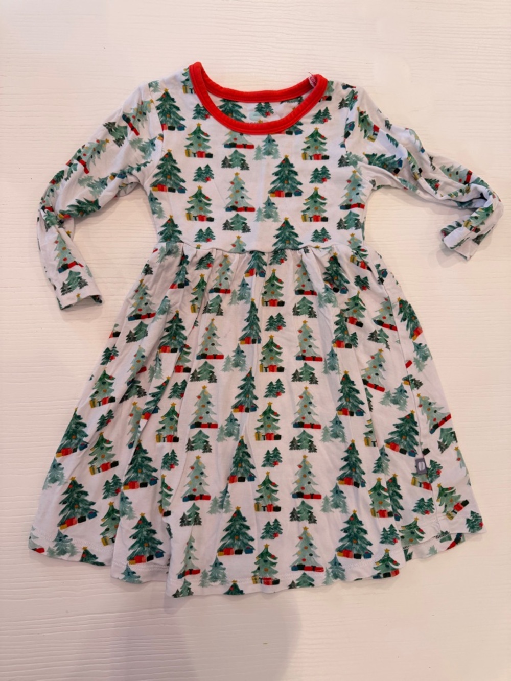 MACARON White Dress with Green Tree Print and Red Trim